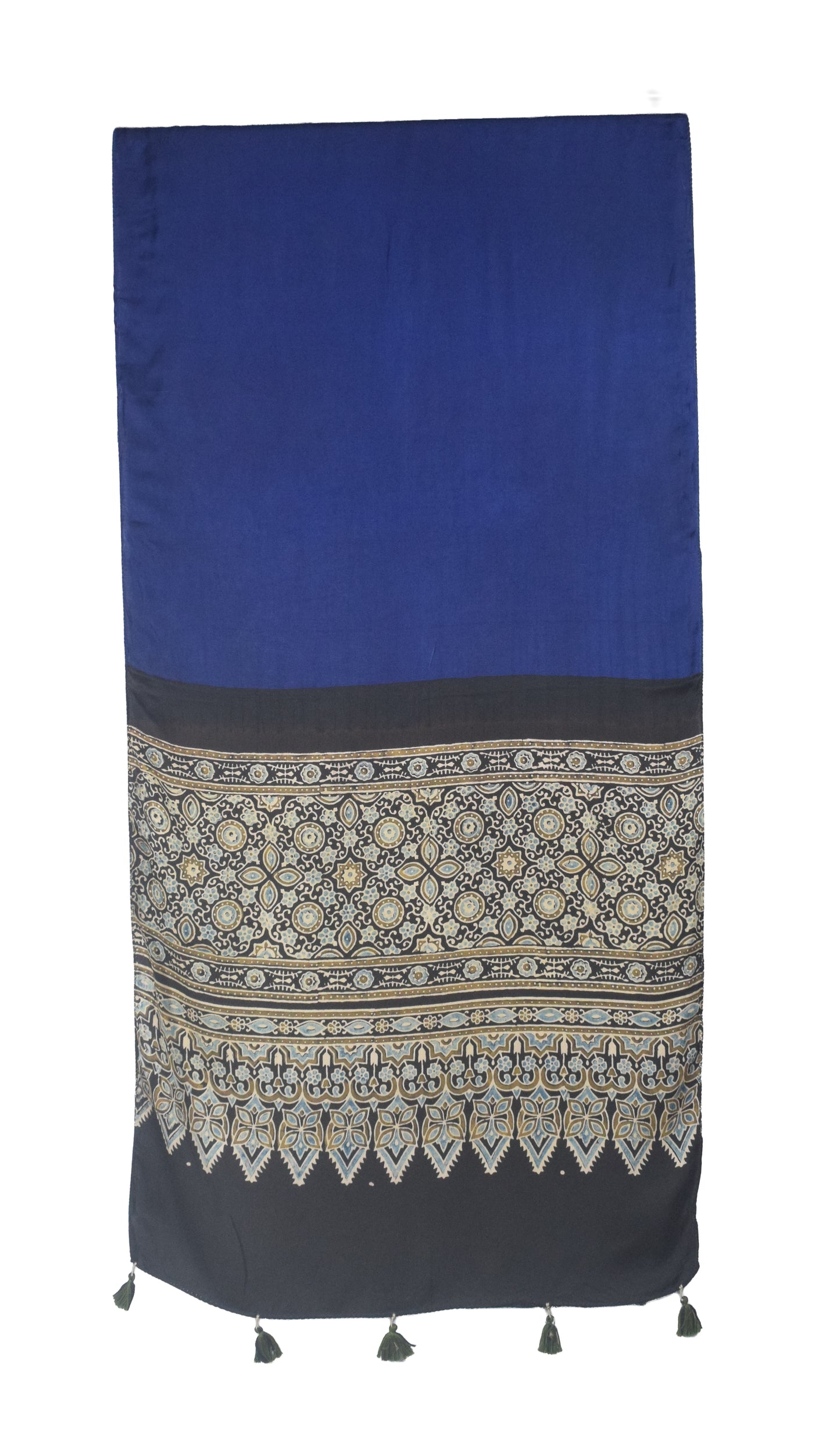 Ajrakh Modal Silk Part Natural Dye Half Plain Dyeing Hand Block Print Stole With Tassels - 2.1 Mtr Length    -  SKU : AI26902I