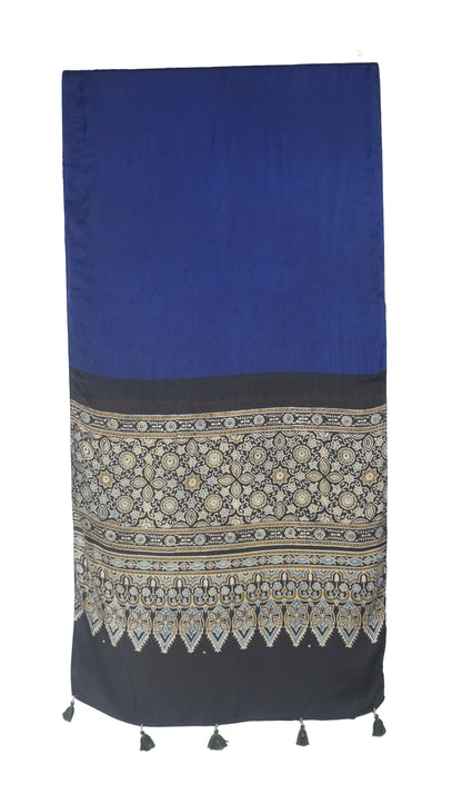 Ajrakh Modal Silk Part Natural Dye Half Plain Dyeing Hand Block Print Stole With Tassels - 2.1 Mtr Length    -  SKU : AI26902I