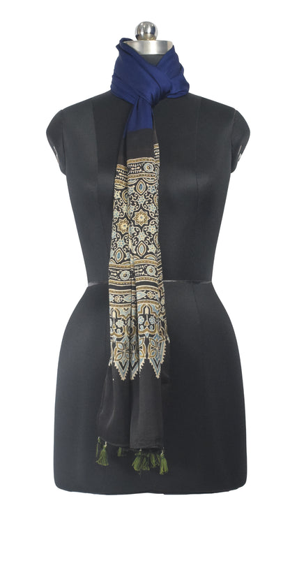 Ajrakh Modal Silk Part Natural Dye Half Plain Dyeing Hand Block Print Stole With Tassels - 2.1 Mtr Length    -  SKU : AI26902I
