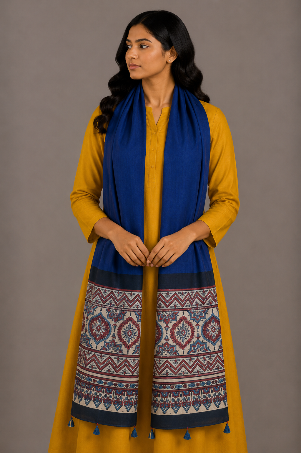 Ajrakh Modal Silk Part Natural Dye Half Plain Dyeing Hand Block Print Stole With Tassels - 2.1 Mtr Length    -  SKU : AI26902G