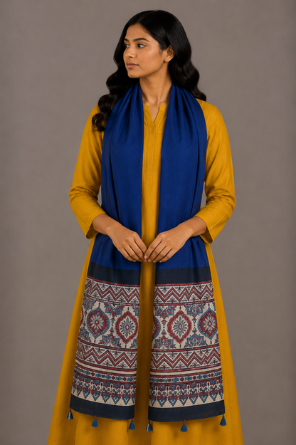 Ajrakh Modal Silk Part Natural Dye Half Plain Dyeing Hand Block Print Stole With Tassels - 2.1 Mtr Length    -  SKU : AI26902G