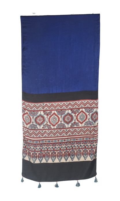 Ajrakh Modal Silk Part Natural Dye Half Plain Dyeing Hand Block Print Stole With Tassels - 2.1 Mtr Length    -  SKU : AI26902G