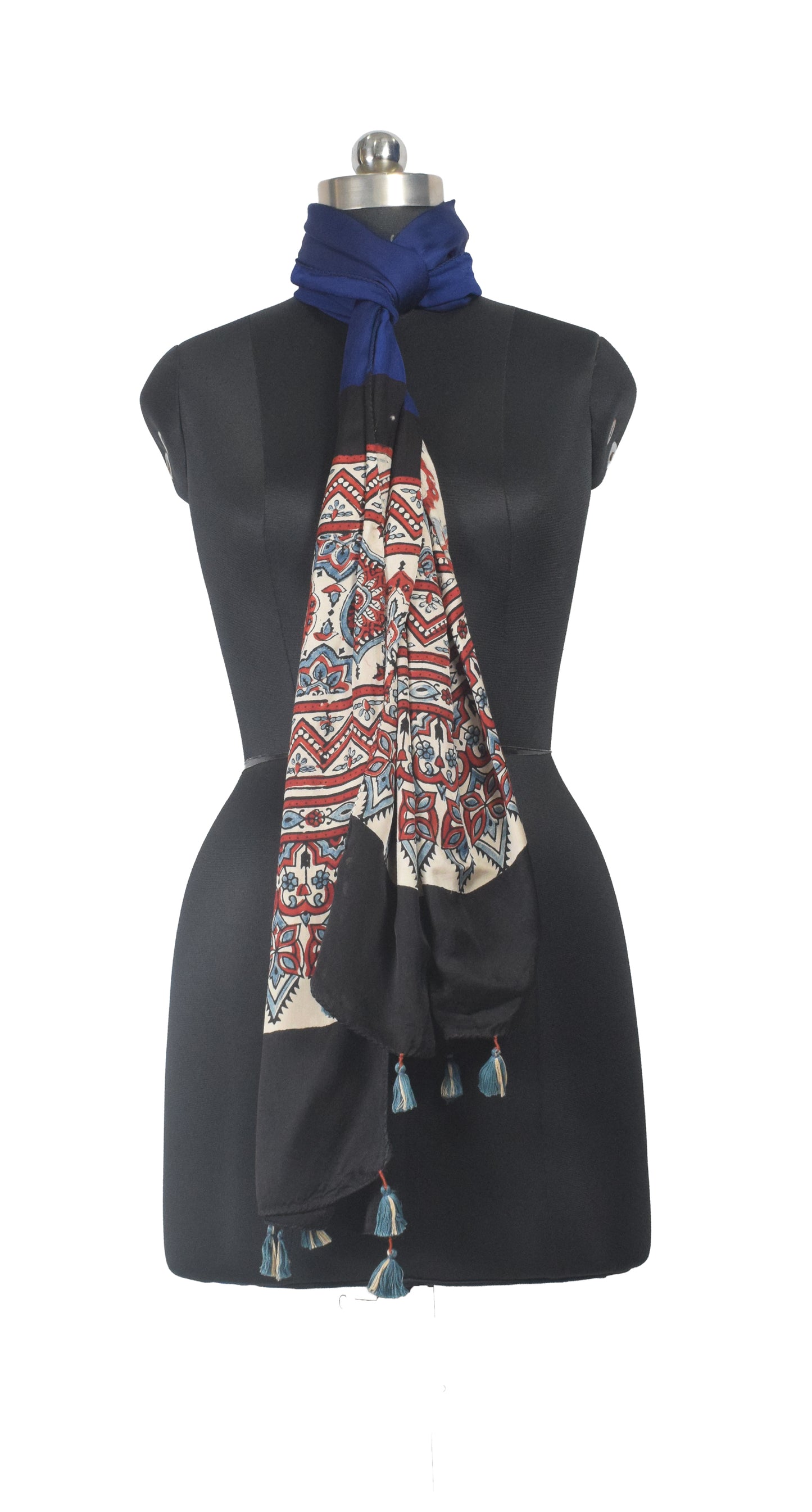 Ajrakh Modal Silk Part Natural Dye Half Plain Dyeing Hand Block Print Stole With Tassels - 2.1 Mtr Length    -  SKU : AI26902G