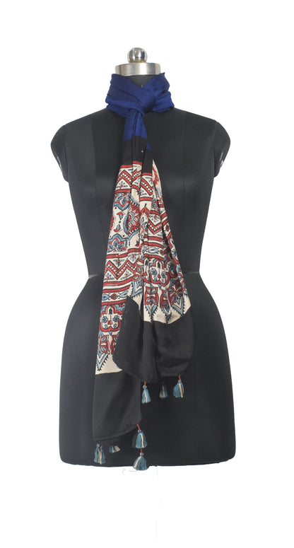 Ajrakh Modal Silk Part Natural Dye Half Plain Dyeing Hand Block Print Stole With Tassels - 2.1 Mtr Length    -  SKU : AI26902G