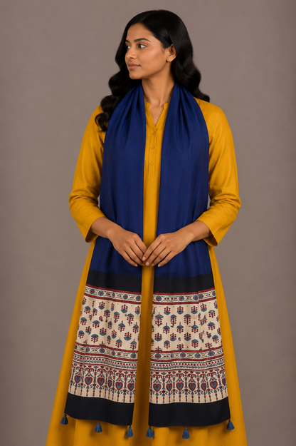 Ajrakh Modal Silk Part Natural Dye Half Plain Dyeing Hand Block Print Stole With Tassels - 2.1 Mtr Length    -  SKU : AI26902H