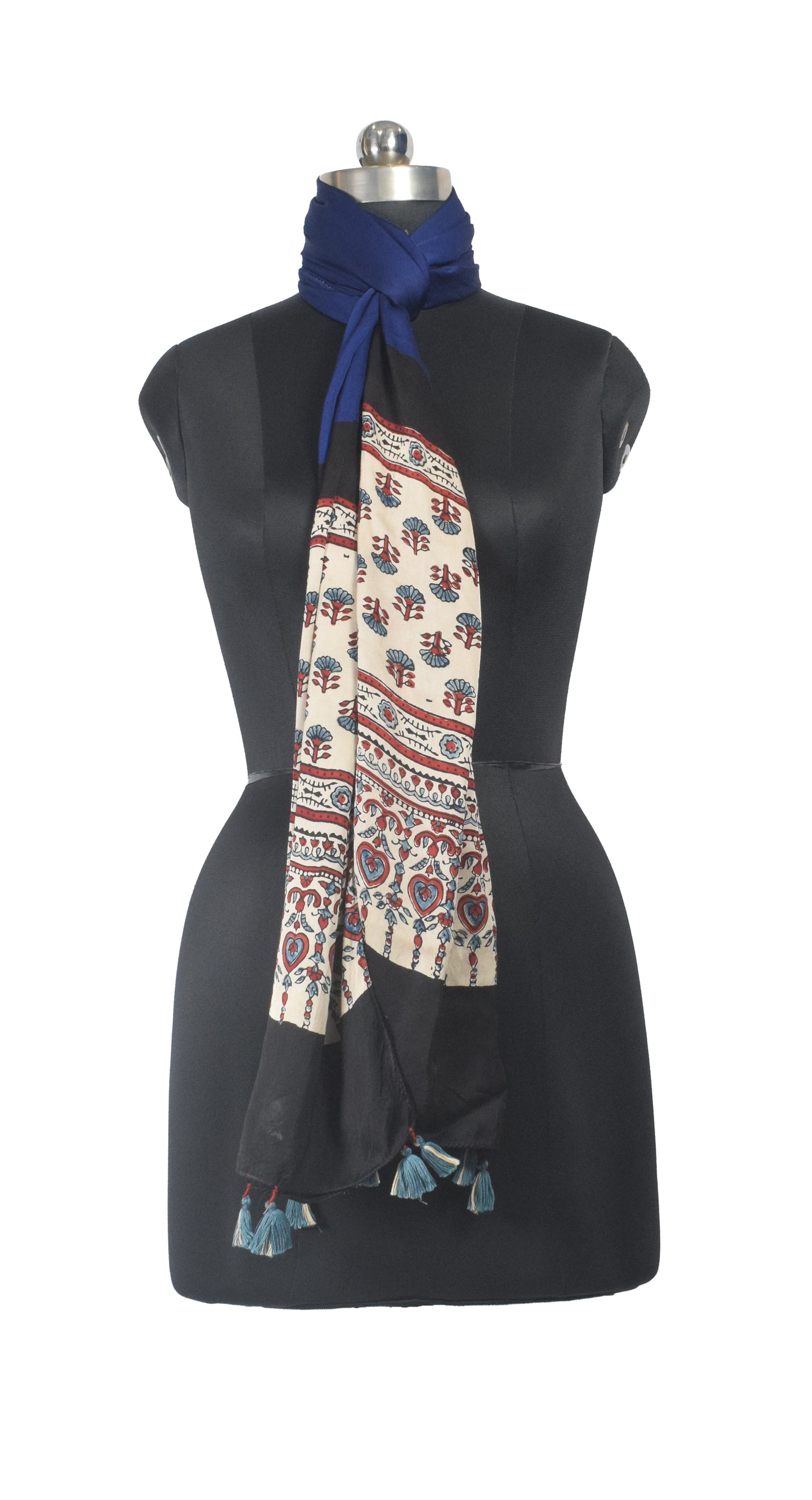 Ajrakh Modal Silk Part Natural Dye Half Plain Dyeing Hand Block Print Stole With Tassels - 2.1 Mtr Length    -  SKU : AI26902H