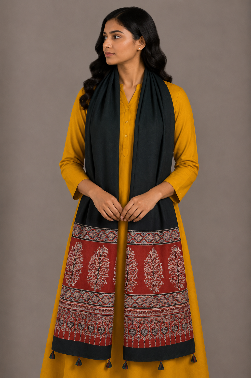 Ajrakh Modal Silk Part Natural Dye Half Plain Dyeing Hand Block Print Stole With Tassels - 2.1 Mtr Length    -  SKU : AI26902C