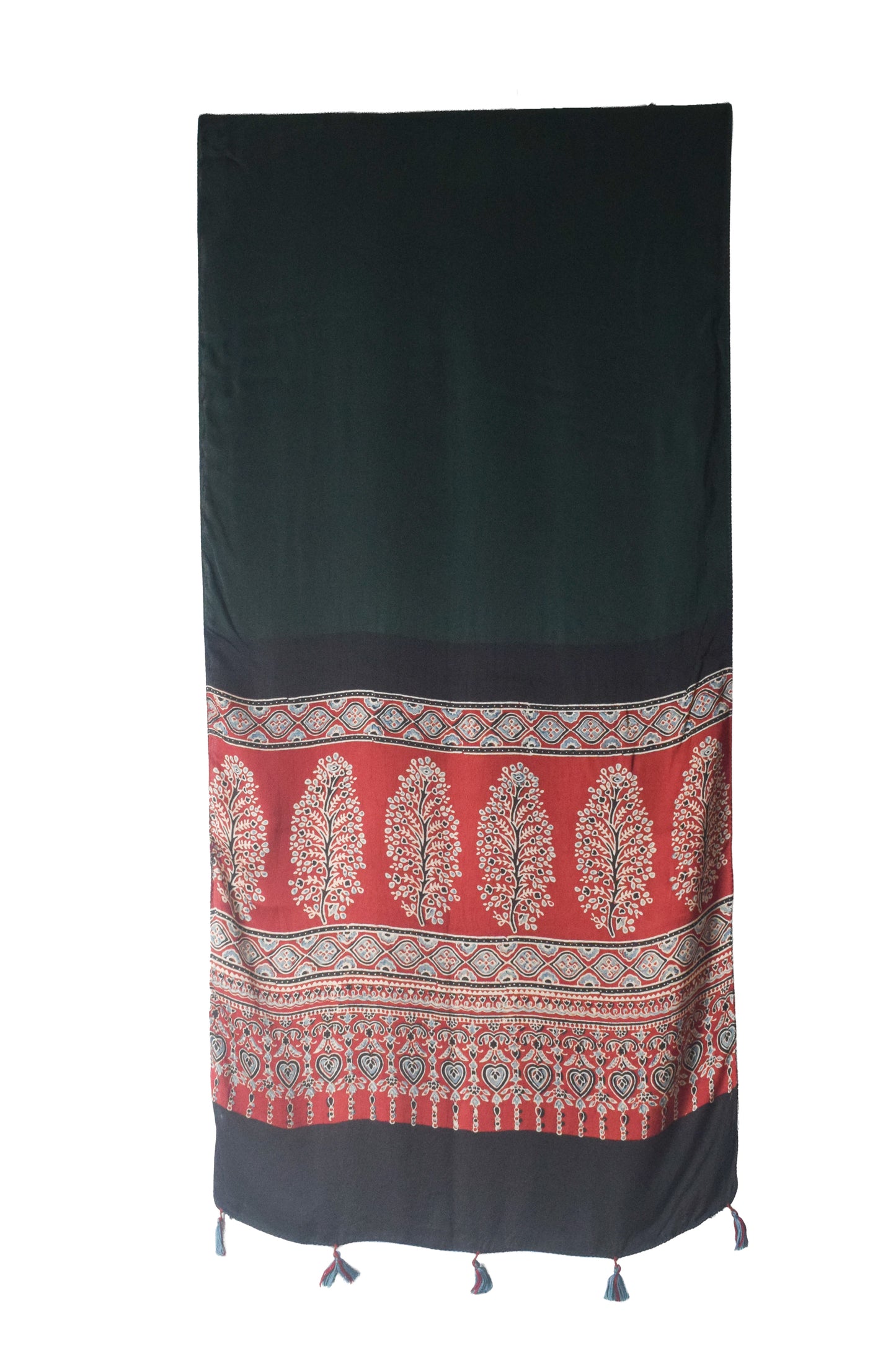 Ajrakh Modal Silk Part Natural Dye Half Plain Dyeing Hand Block Print Stole With Tassels - 2.1 Mtr Length    -  SKU : AI26902C