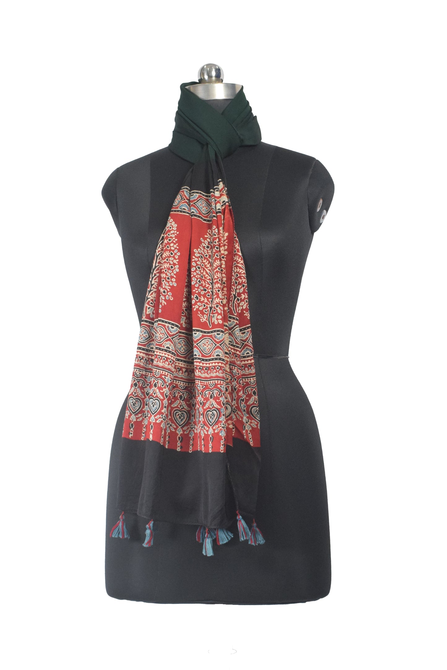 Ajrakh Modal Silk Part Natural Dye Half Plain Dyeing Hand Block Print Stole With Tassels - 2.1 Mtr Length    -  SKU : AI26902C