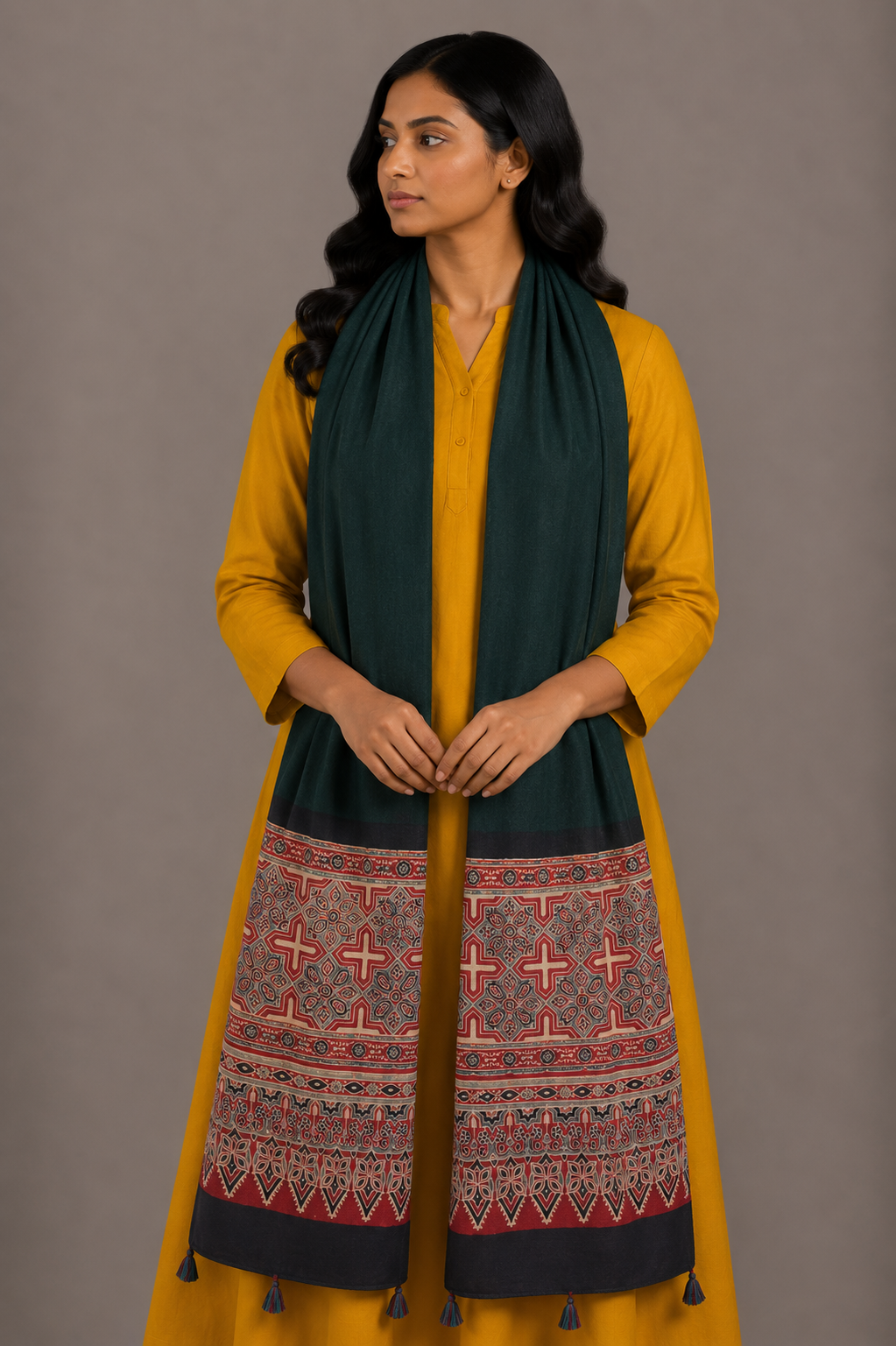 Ajrakh Modal Silk Part Natural Dye Half Plain Dyeing Hand Block Print Stole With Tassels - 2.1 Mtr Length    -  SKU : AI26902E