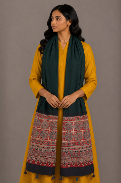 Ajrakh Modal Silk Part Natural Dye Half Plain Dyeing Hand Block Print Stole With Tassels - 2.1 Mtr Length    -  SKU : AI26902E