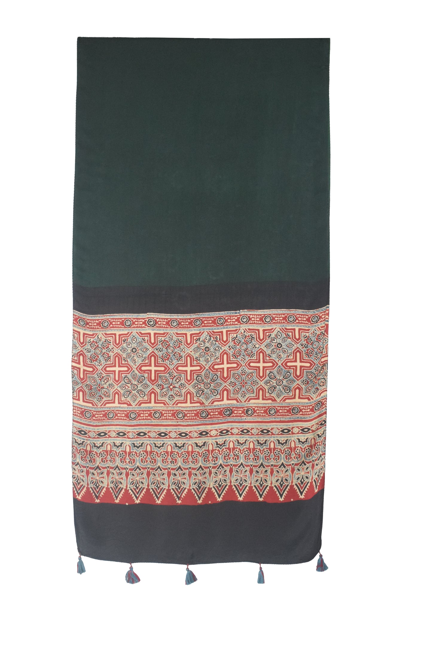 Ajrakh Modal Silk Part Natural Dye Half Plain Dyeing Hand Block Print Stole With Tassels - 2.1 Mtr Length    -  SKU : AI26902E