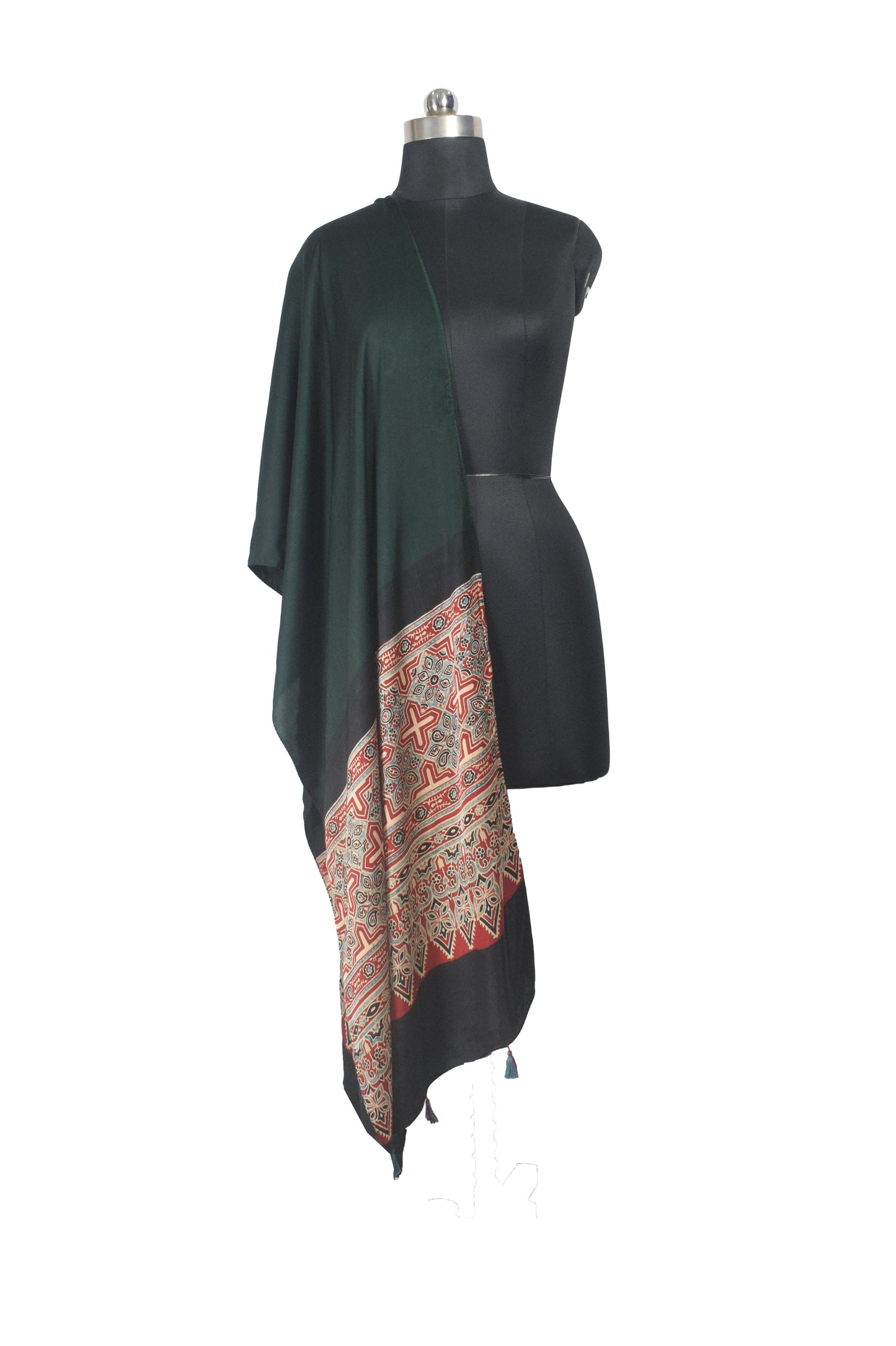 Ajrakh Modal Silk Part Natural Dye Half Plain Dyeing Hand Block Print Stole With Tassels - 2.1 Mtr Length    -  SKU : AI26902E