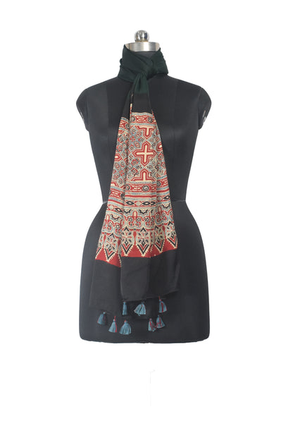 Ajrakh Modal Silk Part Natural Dye Half Plain Dyeing Hand Block Print Stole With Tassels - 2.1 Mtr Length    -  SKU : AI26902E