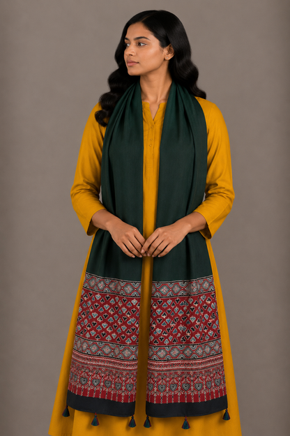 Ajrakh Modal Silk Part Natural Dye Half Plain Dyeing Hand Block Print Stole With Tassels - 2.1 Mtr Length    -  SKU : AI26902F