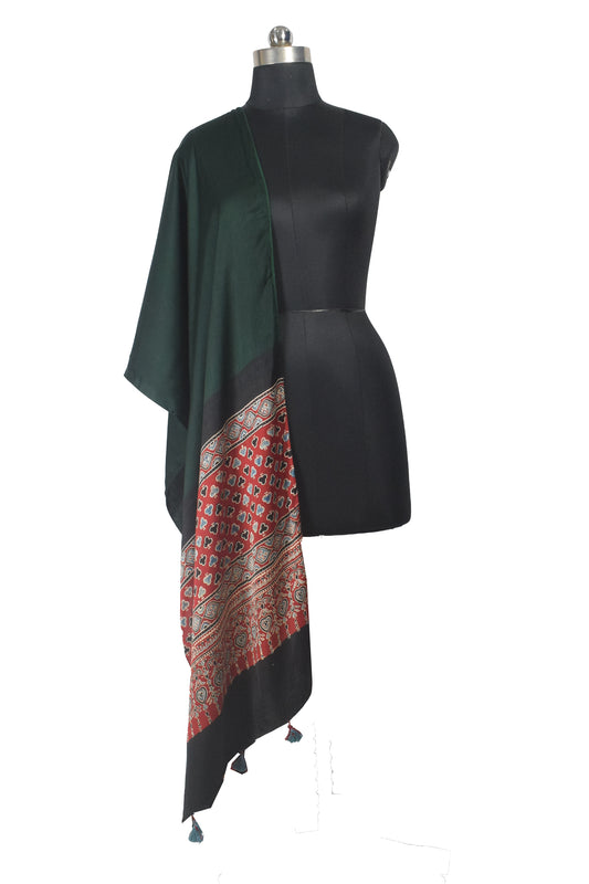 Ajrakh Modal Silk Part Natural Dye Half Plain Dyeing Hand Block Print Stole With Tassels - 2.1 Mtr Length    -  SKU : AI26902F