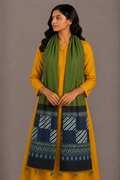 Ajrakh Modal Silk Part Natural Dye Half Plain Dyeing Hand Block Print Stole With Tassels - 2.1 Mtr Length    -  SKU : AI26902A