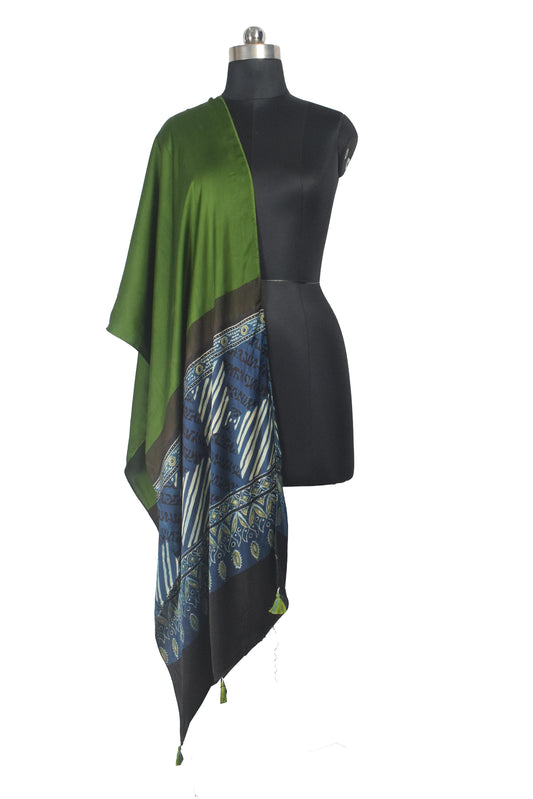 Ajrakh Modal Silk Part Natural Dye Half Plain Dyeing Hand Block Print Stole With Tassels - 2.1 Mtr Length    -  SKU : AI26902A