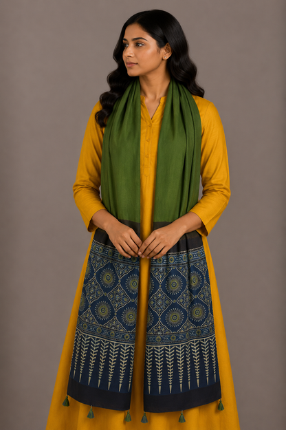 Ajrakh Modal Silk Part Natural Dye Half Plain Dyeing Hand Block Print Stole With Tassels - 2.1 Mtr Length    -  SKU : AI26902B