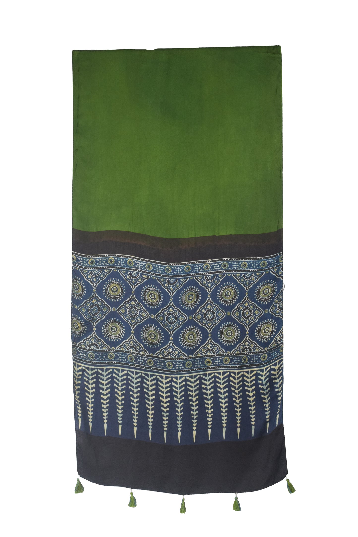 Ajrakh Modal Silk Part Natural Dye Half Plain Dyeing Hand Block Print Stole With Tassels - 2.1 Mtr Length    -  SKU : AI26902B