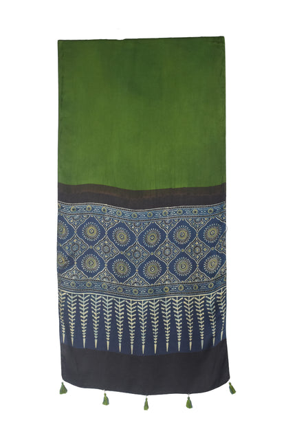 Ajrakh Modal Silk Part Natural Dye Half Plain Dyeing Hand Block Print Stole With Tassels - 2.1 Mtr Length    -  SKU : AI26902B