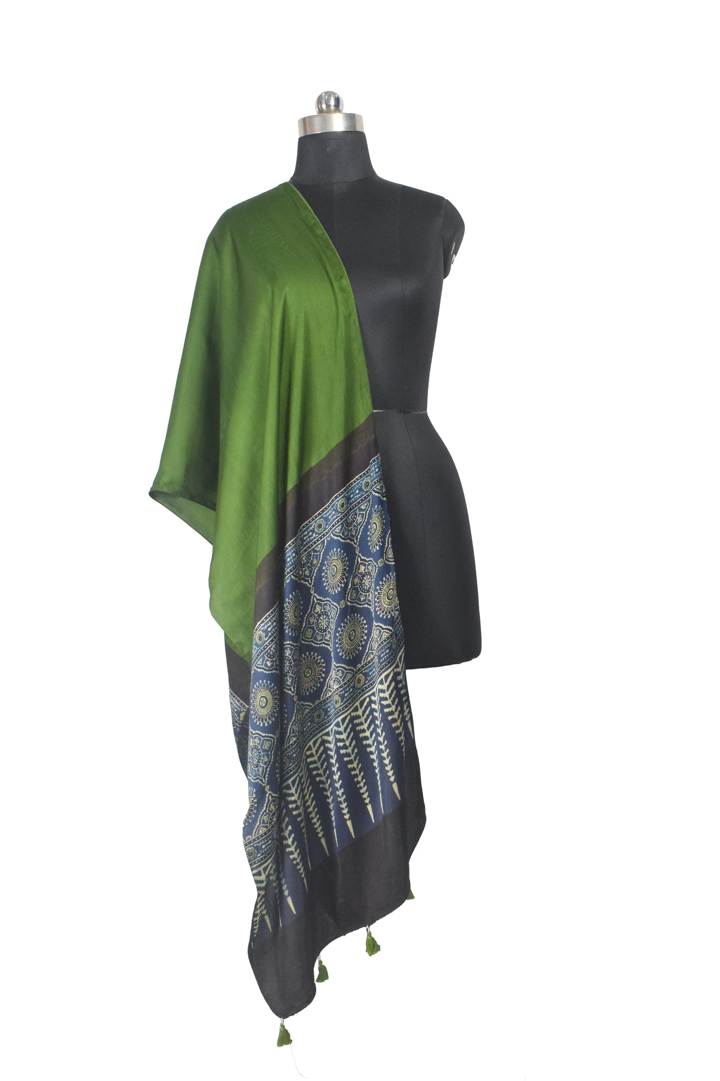 Ajrakh Modal Silk Part Natural Dye Half Plain Dyeing Hand Block Print Stole With Tassels - 2.1 Mtr Length    -  SKU : AI26902B