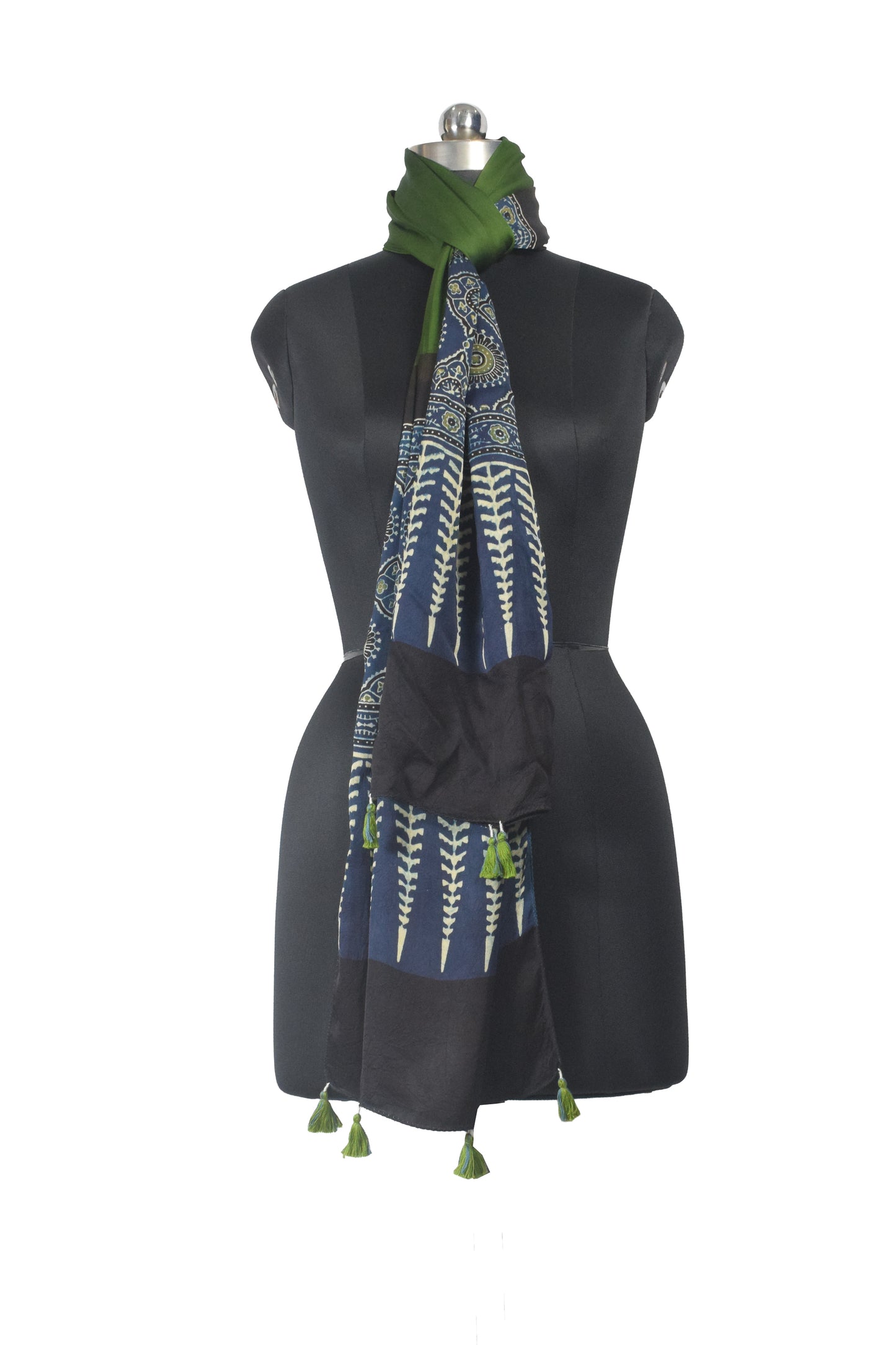 Ajrakh Modal Silk Part Natural Dye Half Plain Dyeing Hand Block Print Stole With Tassels - 2.1 Mtr Length    -  SKU : AI26902B