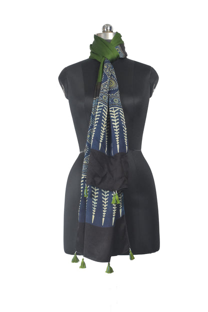 Ajrakh Modal Silk Part Natural Dye Half Plain Dyeing Hand Block Print Stole With Tassels - 2.1 Mtr Length    -  SKU : AI26902B