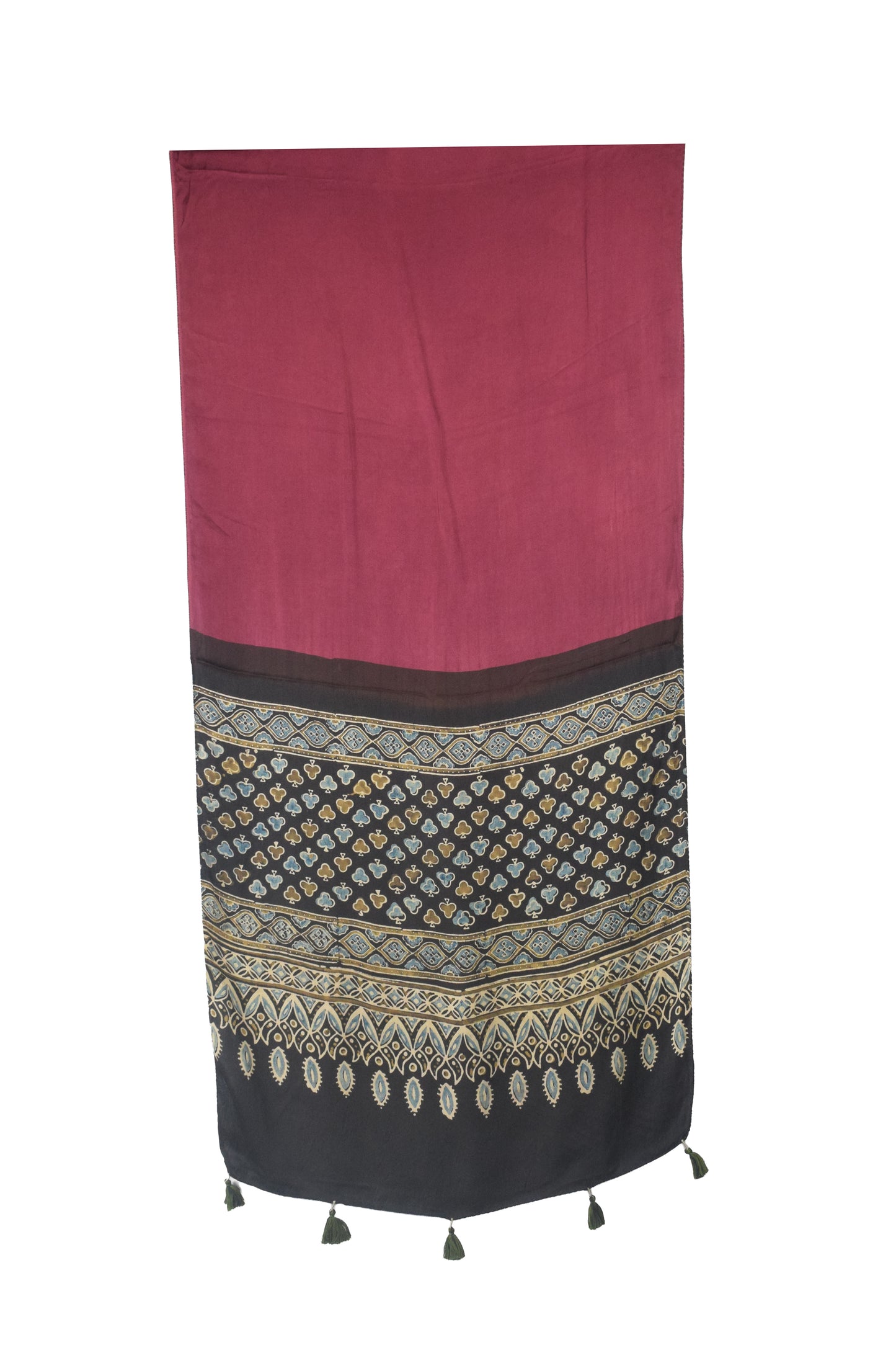 Ajrakh Modal Silk Part Natural Dye Half Plain Dyeing Hand Block Print Stole With Tassels - 2.1 Mtr Length    -  SKU : AI26902W