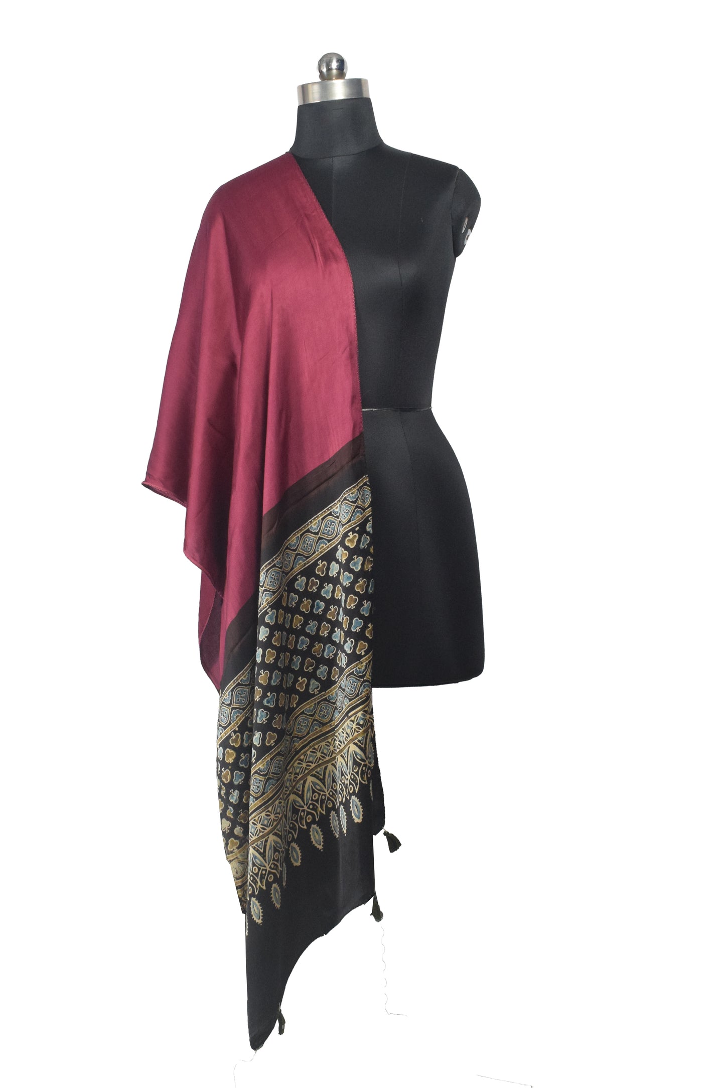 Ajrakh Modal Silk Part Natural Dye Half Plain Dyeing Hand Block Print Stole With Tassels - 2.1 Mtr Length    -  SKU : AI26902W