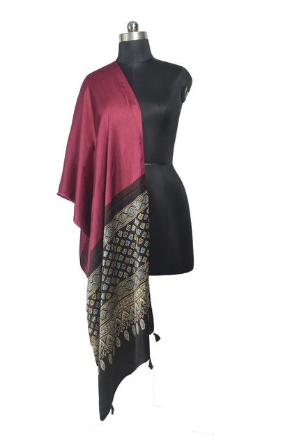 Ajrakh Modal Silk Part Natural Dye Half Plain Dyeing Hand Block Print Stole With Tassels - 2.1 Mtr Length    -  SKU : AI26902W