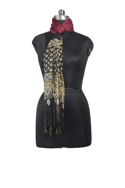 Ajrakh Modal Silk Part Natural Dye Half Plain Dyeing Hand Block Print Stole With Tassels - 2.1 Mtr Length    -  SKU : AI26902W