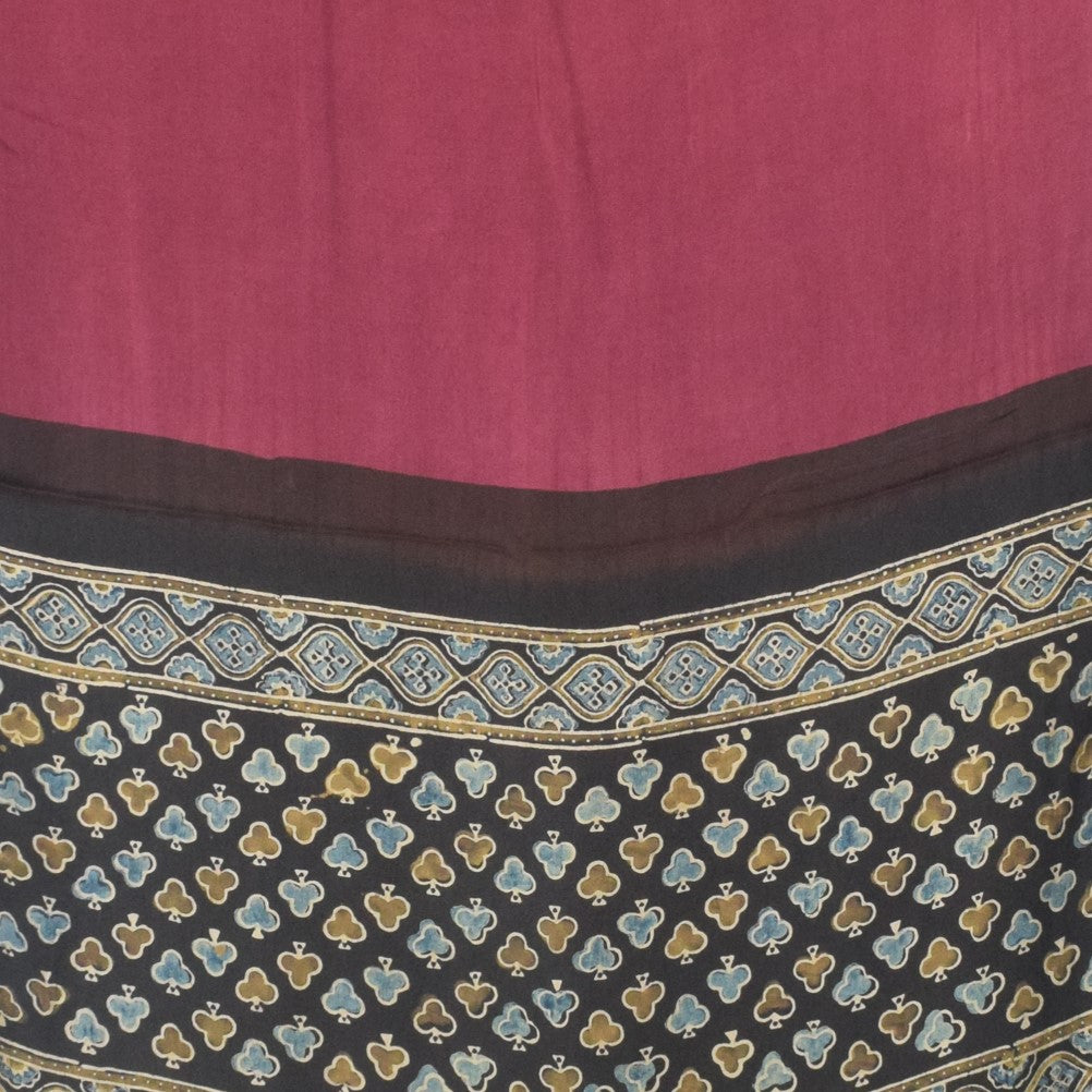 Ajrakh Modal Silk Part Natural Dye Half Plain Dyeing Hand Block Print Stole With Tassels - 2.1 Mtr Length    -  SKU : AI26902W