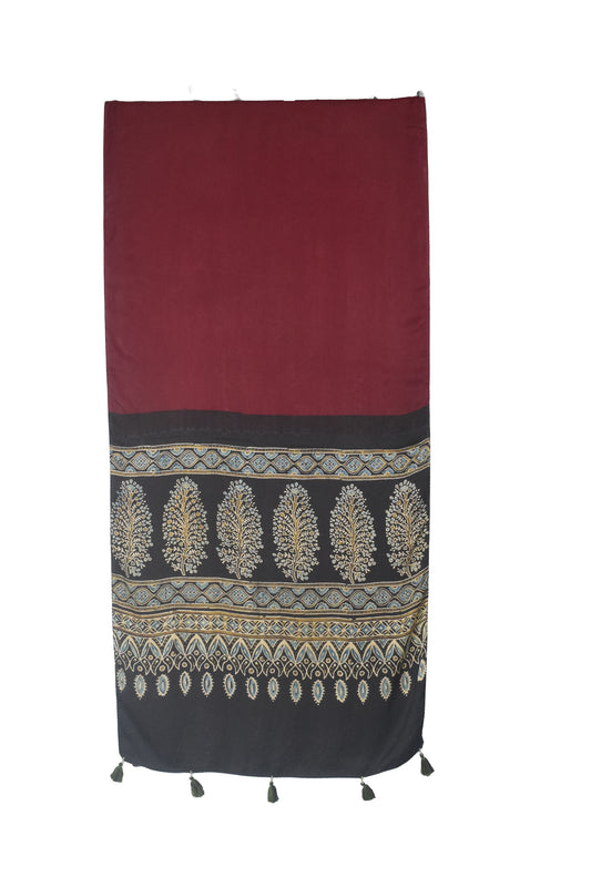 Ajrakh Modal Silk Part Natural Dye Half Plain Dyeing Hand Block Print Stole With Tassels - 2.1 Mtr Length    -  SKU : AI2690BA