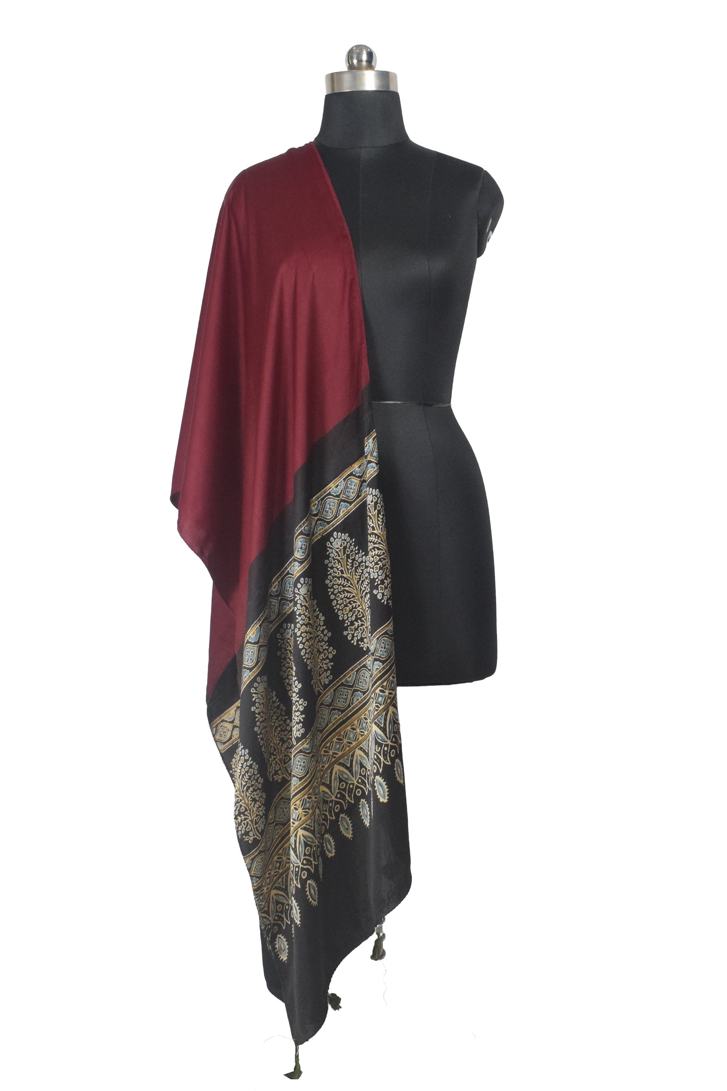 Ajrakh Modal Silk Part Natural Dye Half Plain Dyeing Hand Block Print Stole With Tassels - 2.1 Mtr Length    -  SKU : AI2690BA