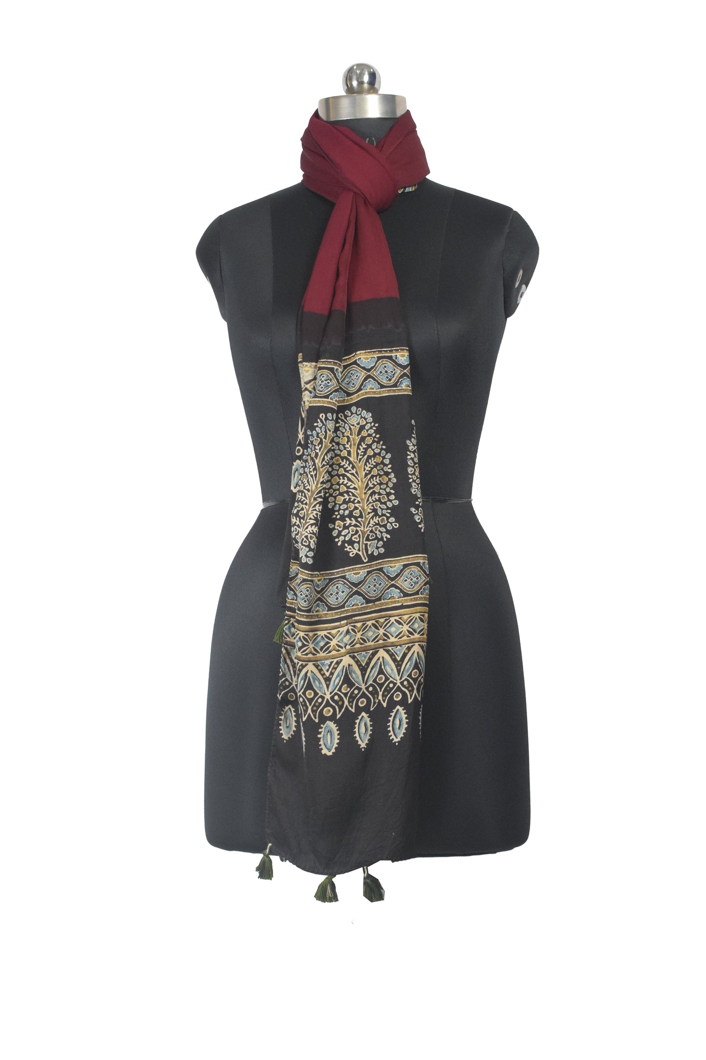 Ajrakh Modal Silk Part Natural Dye Half Plain Dyeing Hand Block Print Stole With Tassels - 2.1 Mtr Length    -  SKU : AI2690BA