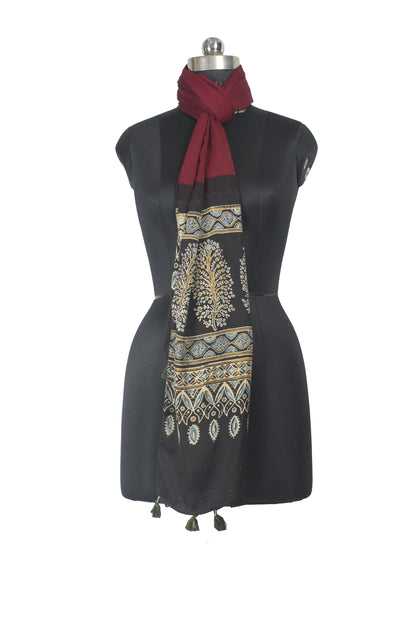 Ajrakh Modal Silk Part Natural Dye Half Plain Dyeing Hand Block Print Stole With Tassels - 2.1 Mtr Length    -  SKU : AI2690BA