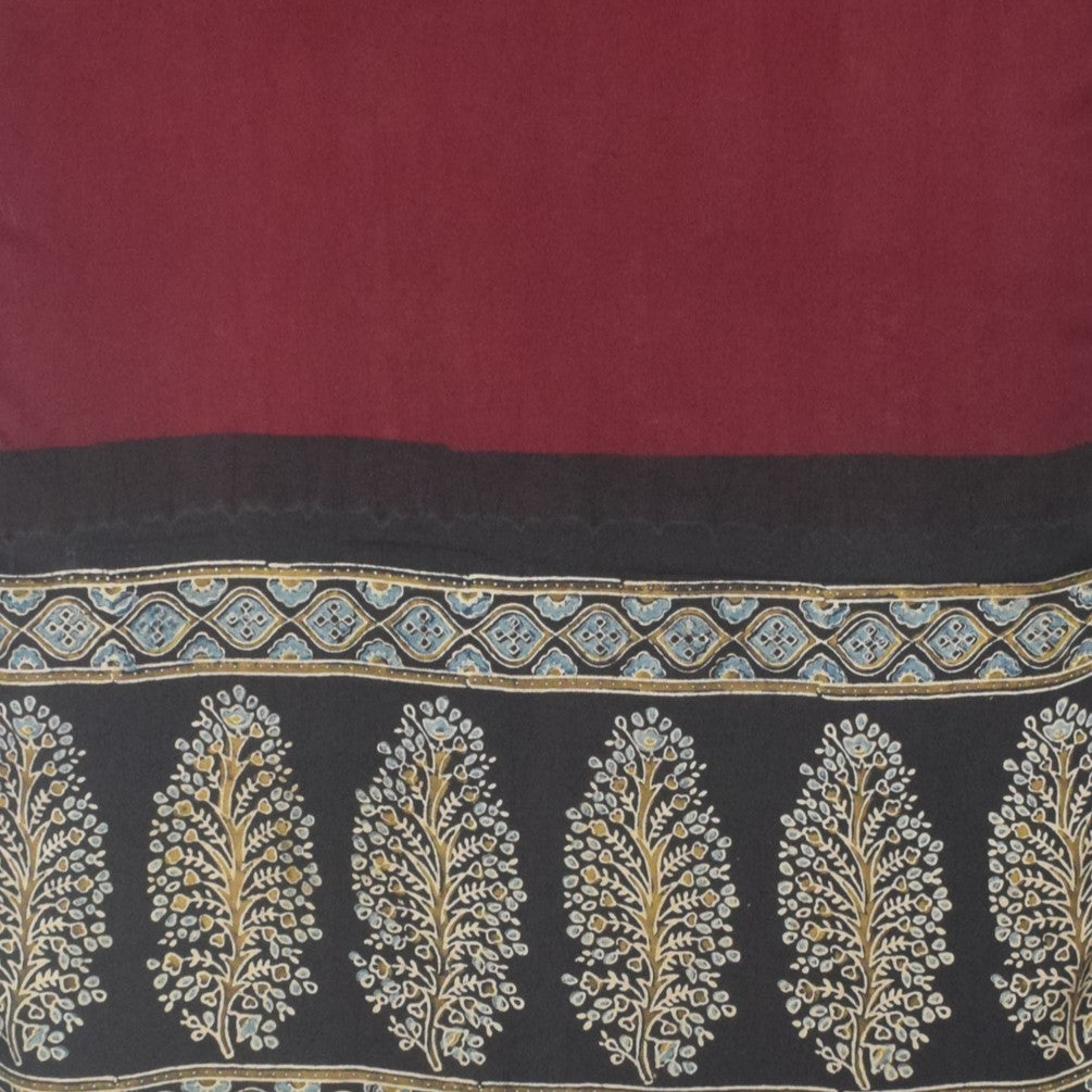 Ajrakh Modal Silk Part Natural Dye Half Plain Dyeing Hand Block Print Stole With Tassels - 2.1 Mtr Length    -  SKU : AI2690BA