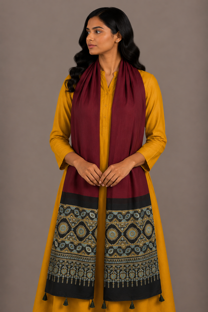 Ajrakh Modal Silk Part Natural Dye Half Plain Dyeing Hand Block Print Stole With Tassels - 2.1 Mtr Length    -  SKU : AI2690BB