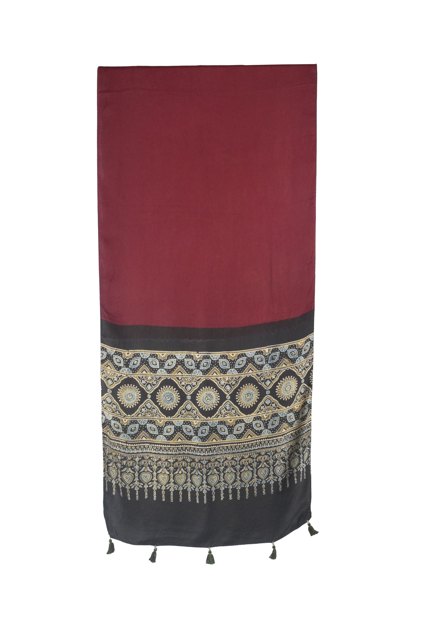 Ajrakh Modal Silk Part Natural Dye Half Plain Dyeing Hand Block Print Stole With Tassels - 2.1 Mtr Length    -  SKU : AI2690BB