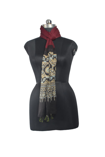 Ajrakh Modal Silk Part Natural Dye Half Plain Dyeing Hand Block Print Stole With Tassels - 2.1 Mtr Length    -  SKU : AI2690BB