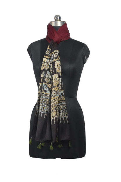 Ajrakh Modal Silk Part Natural Dye Half Plain Dyeing Hand Block Print Stole With Tassels - 2.1 Mtr Length    -  SKU : AI2690BD