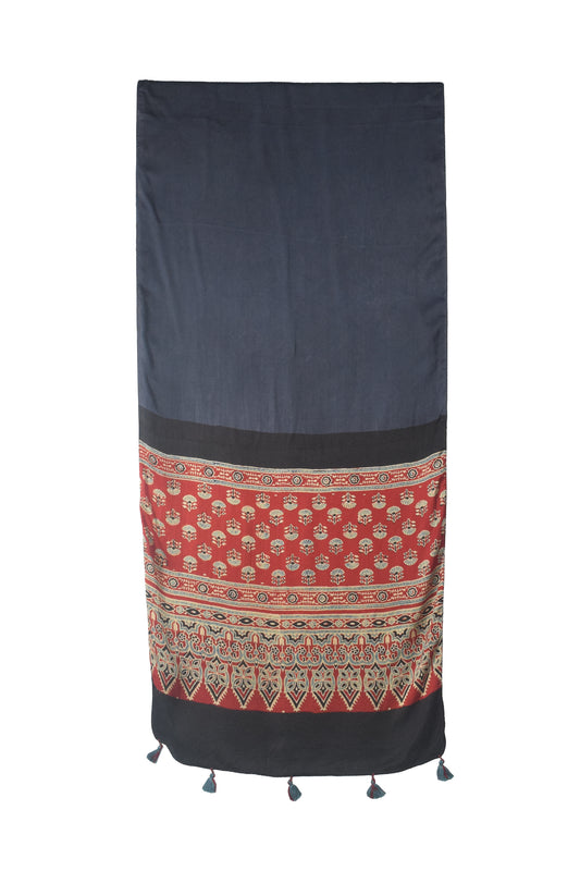 Ajrakh Modal Silk Part Natural Dye Half Plain Dyeing Hand Block Print Stole With Tassels - 2.1 Mtr Length    -  SKU : AI26902R