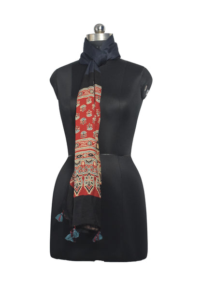 Ajrakh Modal Silk Part Natural Dye Half Plain Dyeing Hand Block Print Stole With Tassels - 2.1 Mtr Length    -  SKU : AI26902R