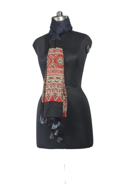 Ajrakh Modal Silk Part Natural Dye Half Plain Dyeing Hand Block Print Stole With Tassels - 2.1 Mtr Length    -  SKU : AI26902S