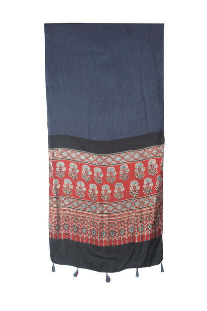 Ajrakh Modal Silk Part Natural Dye Half Plain Dyeing Hand Block Print Stole With Tassels - 2.1 Mtr Length    -  SKU : AI26902T