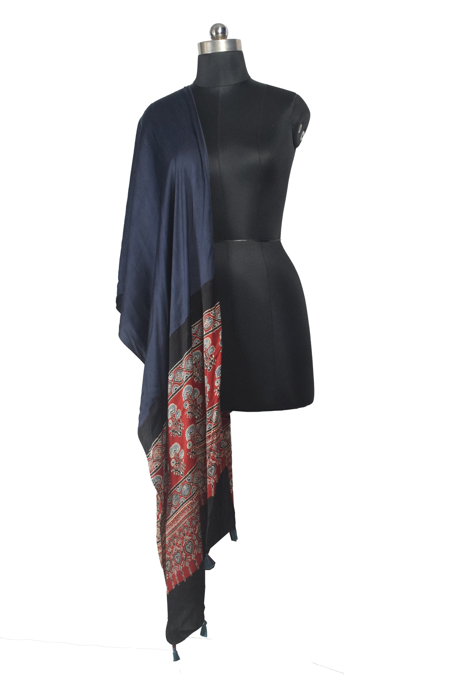 Ajrakh Modal Silk Part Natural Dye Half Plain Dyeing Hand Block Print Stole With Tassels - 2.1 Mtr Length    -  SKU : AI26902T