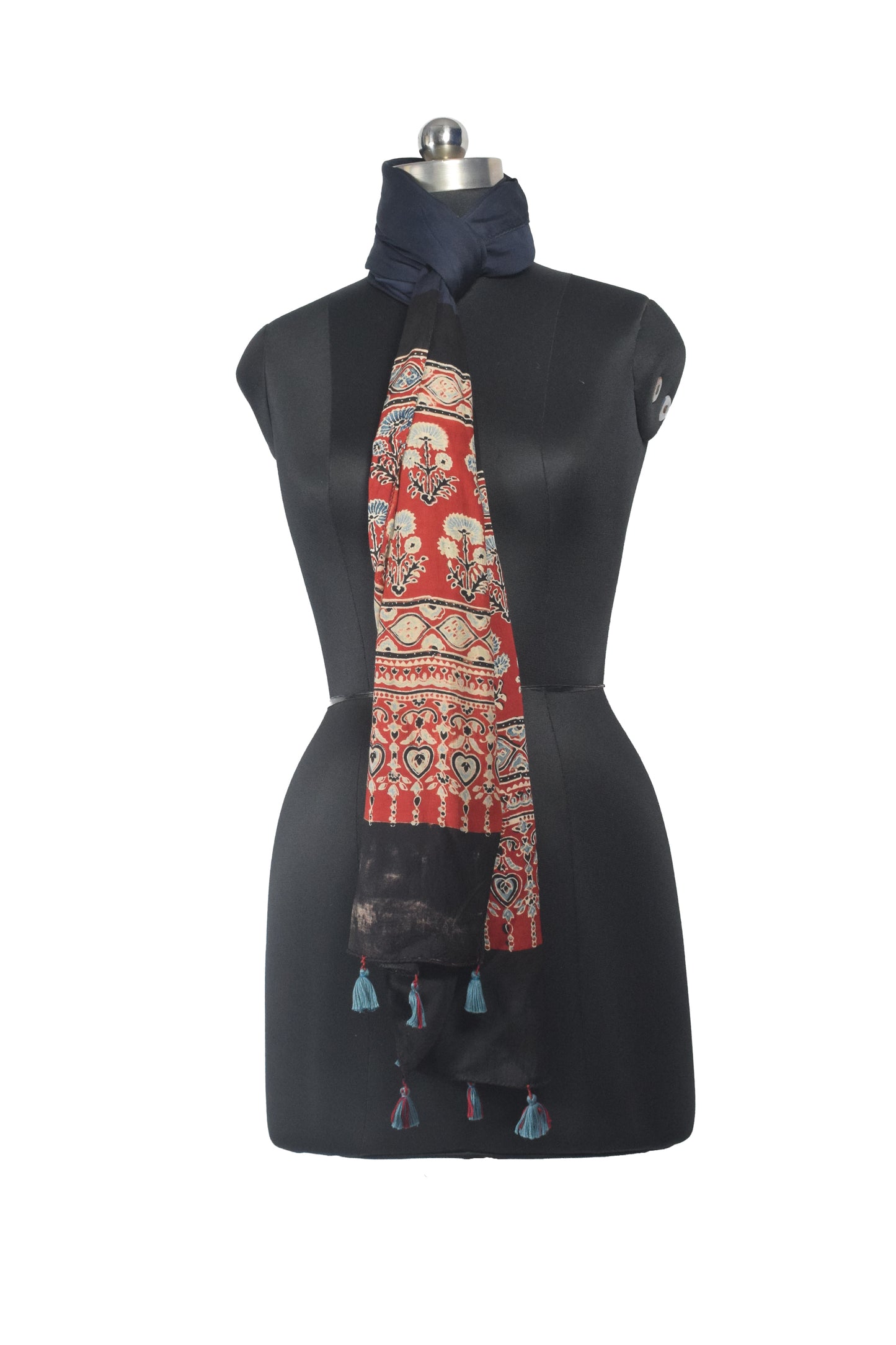 Ajrakh Modal Silk Part Natural Dye Half Plain Dyeing Hand Block Print Stole With Tassels - 2.1 Mtr Length    -  SKU : AI26902T