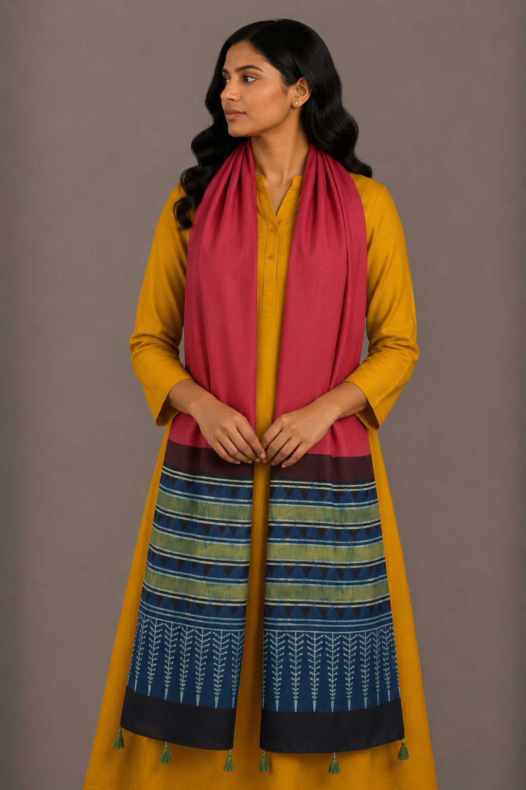 Ajrakh Modal Silk Part Natural Dye Half Plain Dyeing Hand Block Print Stole With Tassels - 2.1 Mtr Length    -  SKU : AI2690BE