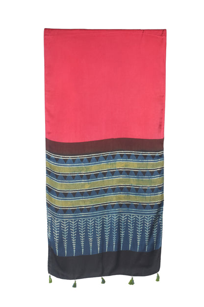 Ajrakh Modal Silk Part Natural Dye Half Plain Dyeing Hand Block Print Stole With Tassels - 2.1 Mtr Length    -  SKU : AI2690BE